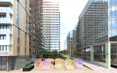 Architect's impression of riverside flats and landscaping, by GM+AD Architects